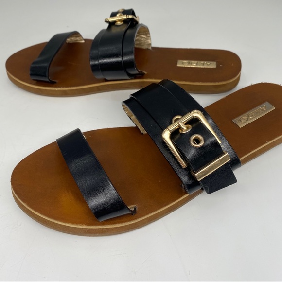 Aldo | Shoes | Aldo Black And Gold Slide On Flat Sandals | Poshmark